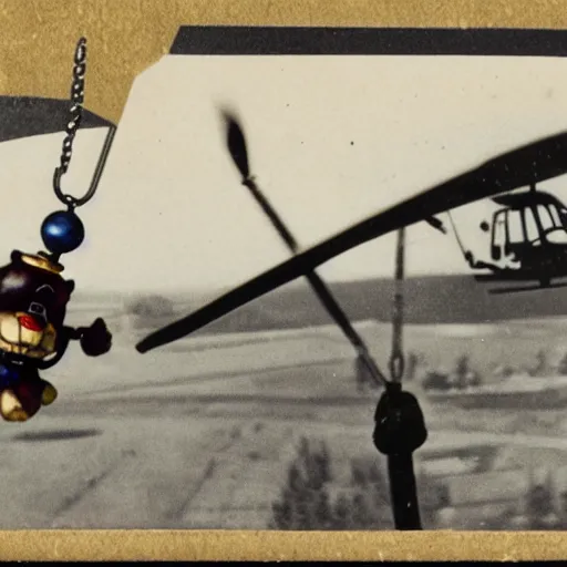 Image similar to vintage photograph of freddy fazbear being dangled by a helicopter