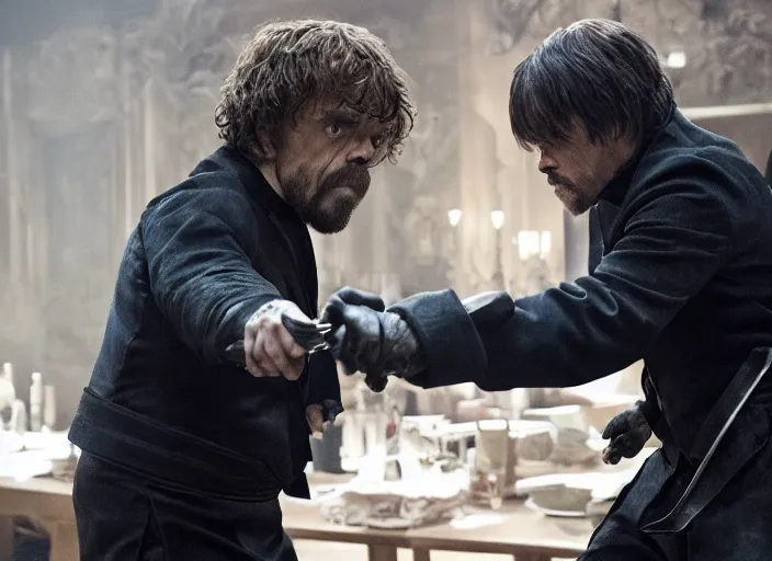 Image similar to peter dinklage knife fighting willem dafoe, movie still, from the new john wick movie, 8 k, realistic