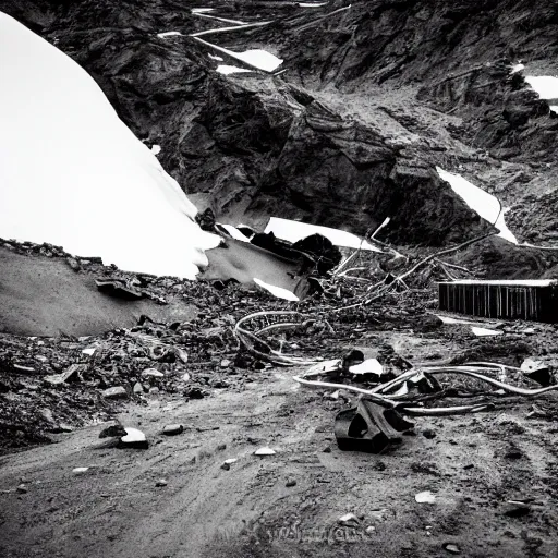 Prompt: dark smoking crash wreckage in far distance in deep canyon in Antarctica, overcast, snow plains, single light source, overhead light, wires, dark, gloomy, cinematic, vray, wreckage, dirty, overhead light, soft light, dark