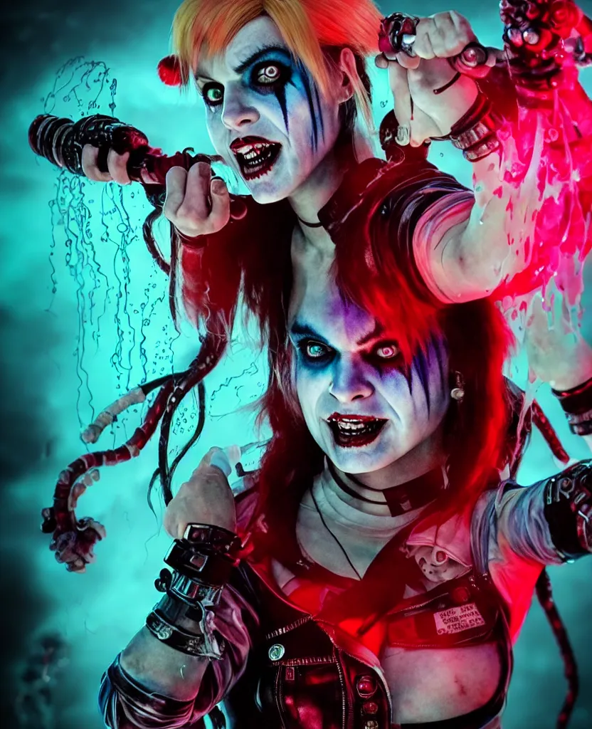 Image similar to Regan (The Exorcist) as Harley Quin (The Suicide Squad), epic angle and pose, symmetrical artwork, 3d with depth of field, blurred background, cybernetic jellyfish female face skull phoenix bird, translucent, nautilus, energy flows of water and fire. a highly detailed epic cinematic concept art CG render. made in Maya, Blender and Photoshop, octane render, excellent composition, cinematic dystopian brutalist atmosphere, dynamic dramatic cinematic lighting, aesthetic, very inspirational, arthouse, Greg Rutkowski, Ilya Kuvshinov, WLOP, Stanley Artgerm Lau, Ruan Jia and Fenghua Zhong