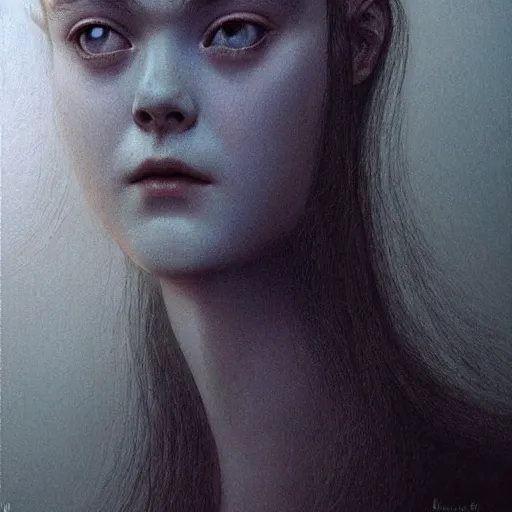 Prompt: Elle Fanning in a dark fantasy setting, intricate, smooth, artstation, painted by Wayne Barlowe, zdislav beksinski