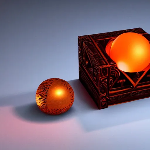 Image similar to a small arabesque carved wooden box with the lid open displaying a magic orange glowing orb inside. the box is sitting on a wooden tabel top with paper and magazines surrounding the box, hyper detail, dramatic lighting, octane render, unreal engine