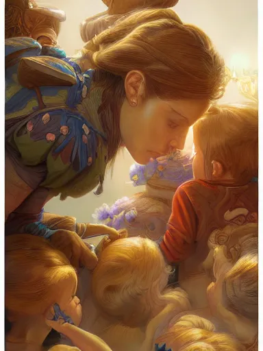 Prompt: a tired woman taking care of a dozen children. intricate, elegant, highly detailed, digital painting, artstation, concept art, sharp focus, illustration, by justin gerard and artgerm, 8 k