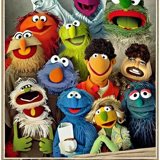 Image similar to Sesame Street muppets designed by Hieronymus Bosch