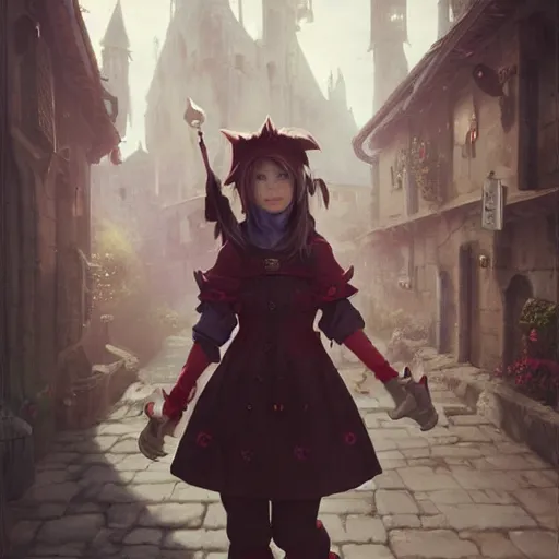 Image similar to Portrait of a Moogle Girl from Final Fantasy, huggy wuggy from poppy playtime video game sneaking through the streets of a medieval village at night, glowing lights, oil painting, Greg Rutkowski, Charlie Bowater, Beeple, unreal 5, DAZ, hyperrealistic, octane render, RPG portrait, dynamic lighting, fantasy art, beautiful face