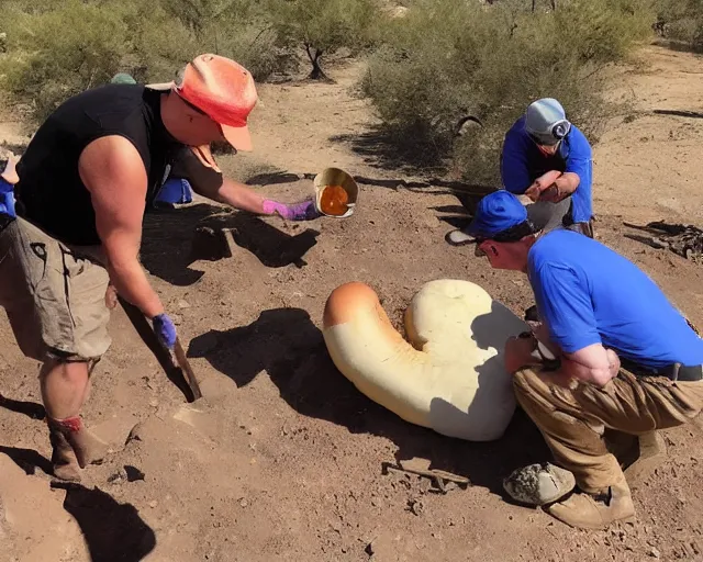 Image similar to archeologists finding a giant hot dog in the ground, amazing desert mountains, award winning photograph