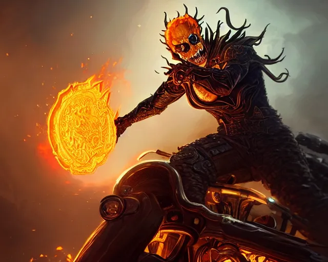 Image similar to a gaming screenshot still portrait of ghost rider, deep focus, d & d, fantasy, intricate, elegant, highly detailed, digital painting, artstation, concept art, matte, sharp focus, illustration, dark fantasy style art, hearthstone, art by artgerm and greg rutkowski and alphonse mucha