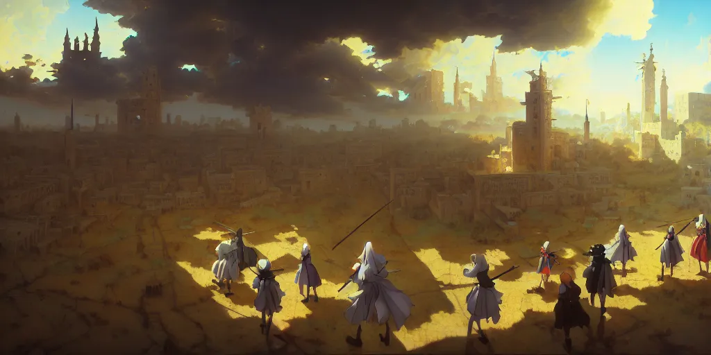 Image similar to baroque oil painting of anime key visual environment concept art of anime maids crusading in jerusalem, brutalist, dark fantasy, rule of thirds golden ratio, fake detail, trending pixiv fanbox, acrylic palette knife, style of makoto shinkai studio ghibli genshin impact jamie wyeth james gilleard greg rutkowski chiho aoshima