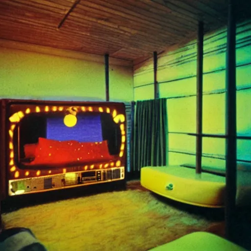 Prompt: interior view of a 1970s luxury cabin at night with television, people wearing disco clothing having a party, ektachrome photograph, f8 aperture