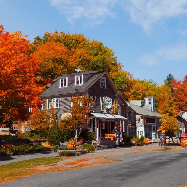 Image similar to small new england town with shops and pumpkins, maple trees with fall foliage, volumetric, realistic, cinematic lighting, ray tracing, unreal engine 5, octane render, hyper realistic, photo, 8 k