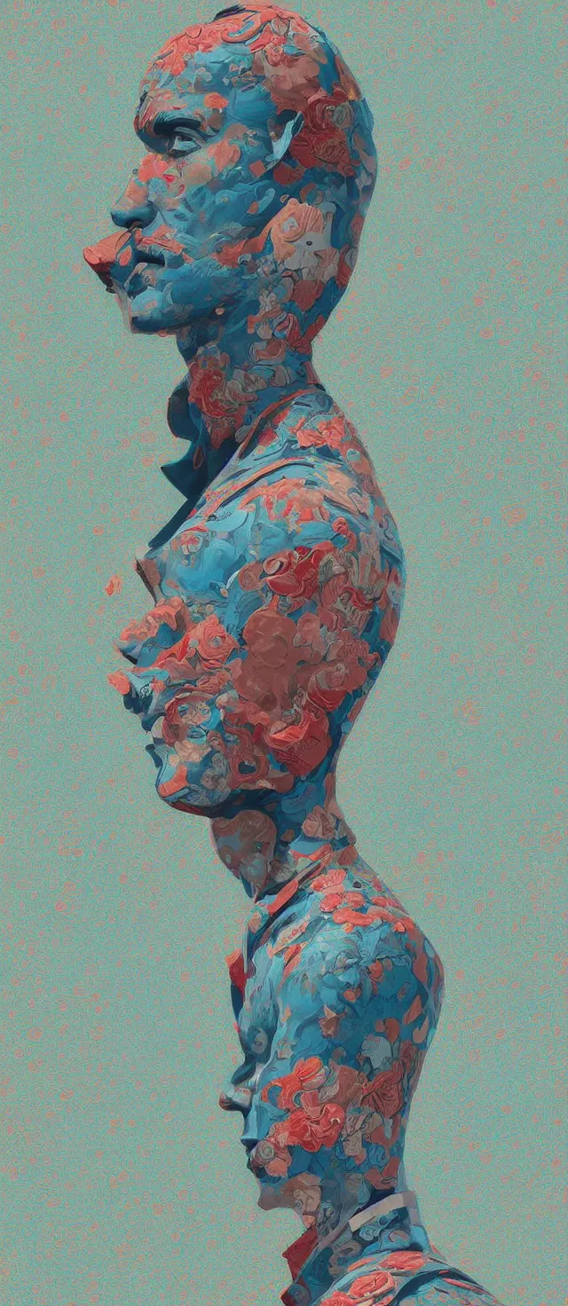 Image similar to man by james jean, high quality masterpiece painted, detailed patterned background, 4 k, trending on artstation, octane render,