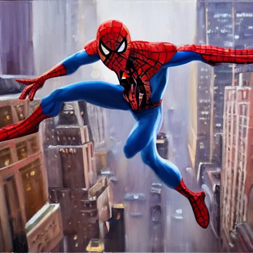 Prompt: oil painting of spiderman swinging through new york city buildings. epic, sense of motion, motion blur, artstation, artgerm