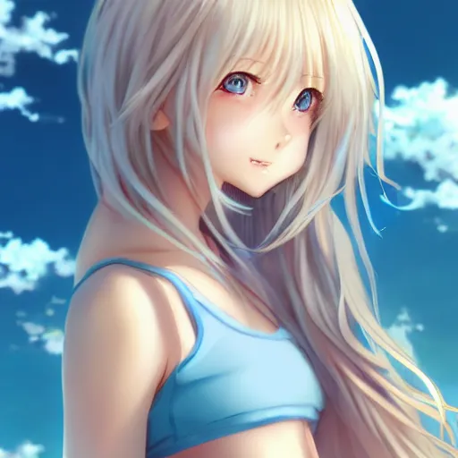 Image similar to a very beautiful young anime cute girl, full body, long wavy blond hair, sky blue eyes, full round face, short smile, bikini, miniskirt, front view, medium shot, mid-shot, highly detailed, cinematic wallpaper by Stanley Artgerm Lau