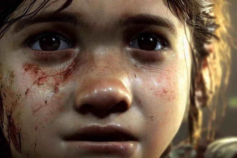 Image similar to an amazing photo, extreme close-up of the face of a young ellie from The last Of Us, award winning photo, very detailed, cinematic, beautiful lighting effects