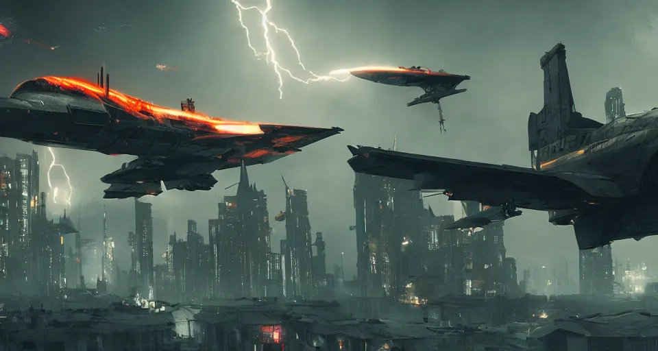 Prompt: sci-fi warplane in a cyberpunk medieval gothic dark-ages city, rich contrast, sci-fi warplanes in the lightning-storm sky, feeling of grimdark and gothic horror, explosions and fire, hyperrealistic, octane render, unreal engine, Cryengine 8k UHD