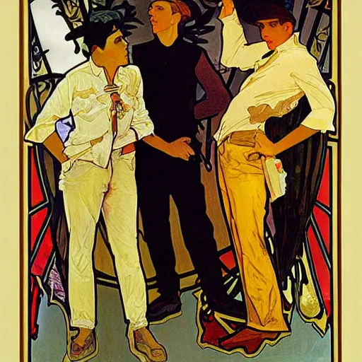 Prompt: a painting of three male teenagers with rockabilly attire holding yellow popsicle and looking at women in the streets by alphonse mucha