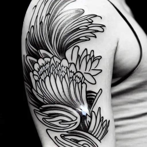 Image similar to black and white tattoo of koi fish with camelia flowers, on white background, japanese traditional style, stylized,