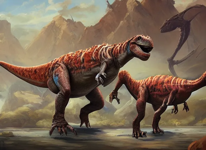 Prompt: concept design of dinosaurs made by pieces of types of candies, oil painting by jama jurabaev, extremely detailed, brush hard, artstation, for aaa game, high quality, brush stroke