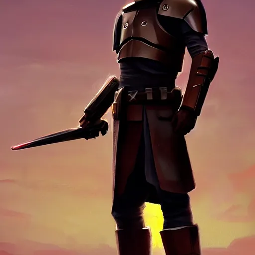 Image similar to a young blonde male jedi with short hair standing still looking at the sunset, over the shoulder shot, ots shot, third-person shot, full-length, head-to-toe, full body photography, extremely long shot, long shot, concept art by Doug Chiang cinematic, realistic painting, high definition, concept art, the Mandalorian concept art style