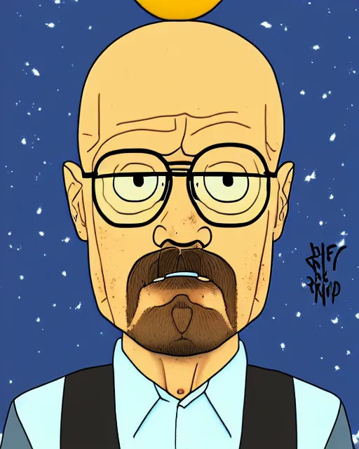 Image similar to portrait of walter white in the style of justin roiland. heisenberg from breaking bad. cinematic lighting. style of rick & morty. photographic, photography. by justin roiland