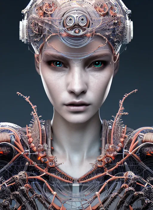 Image similar to portrait of an absurdly beautiful, graceful, sophisticated, fashionable cyberpunk mechanoid, hyperdetailed illustration by irakli nadar and alexandre ferra, intricate linework, white porcelain skin, faberge, coral headdress, unreal engine 5 highly rendered, global illumination, radiant light, detailed and intricate environment