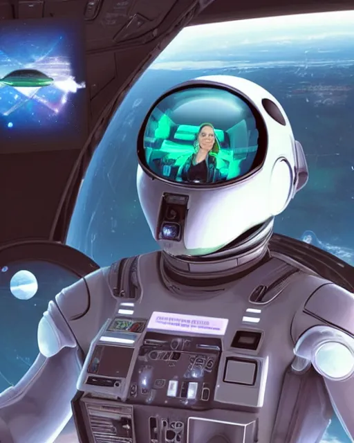 Image similar to A female Android extraterrestrial pilot in the control seat while flying the spacecraft. A viewing window in Background with a three-dimensional computer hologram showing as a reflection, insanely detailed, digital art