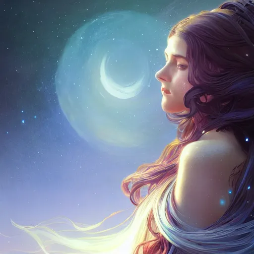 Image similar to girl with super long hair, hair becoming night stars, intricate, highly detailed, digital painting, artstation, concept art, smooth, sharp focus, illustration, unreal engine 5, 8 k, art by artgerm and greg rutkowski and alphonse mucha