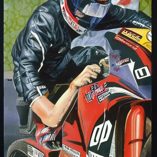 Prompt: photorealistic picture, by bob peak and alex ross, moto gp ads in 1 9 9 0 s, gouache and wash paints, fine details, fine intricate, fine facial proportionate, fine body proportionate, fine fix broken line, fine fix duplicate line, smooth sharp focus, sharp focus