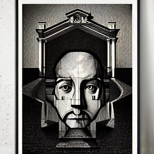 Image similar to grain effect polish poster conceptual figurative post - morden monumental portrait made by escher and piranesi, highly conceptual figurative art, intricate detailed illustration, illustration sharp geometrical detail, vector sharp graphic, controversial poster art, polish poster art