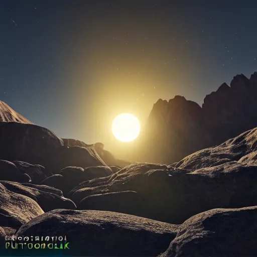 Image similar to dark solar eclipse, small in size, rocky mountains, highly detailed, photorealistic shot, bright studio setting, studio lighting, crisp quality and light reflections, unreal engine 5 quality render