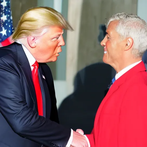 Image similar to press photo of donald trump shaking hands with a gray alien