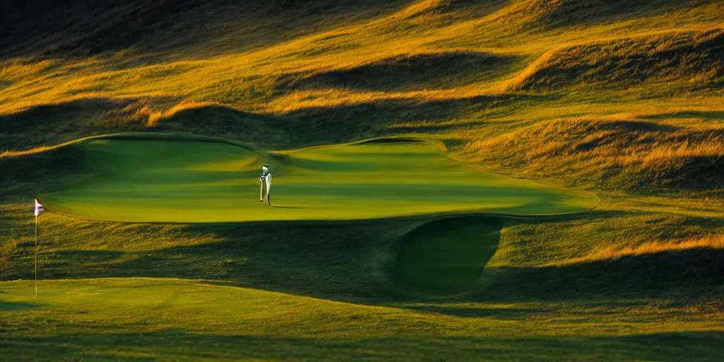 Prompt: a great photograph of the most amazing golf hole in the world, perfect light, over a cliff, in the swiss alps, hangglider, high above treeline, ambient light, 5 0 mm, golf digest, top 1 0 0, fog