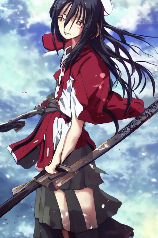 Image similar to anime key visual of a zesshi zetsumei from overlord, wearing a japanese schoolgirl cardigan, wielding a warscythe standing in the middle of a red bloody battlefield, bored anime expression, official digital media illustrated by artist so - bin, trending on artstation