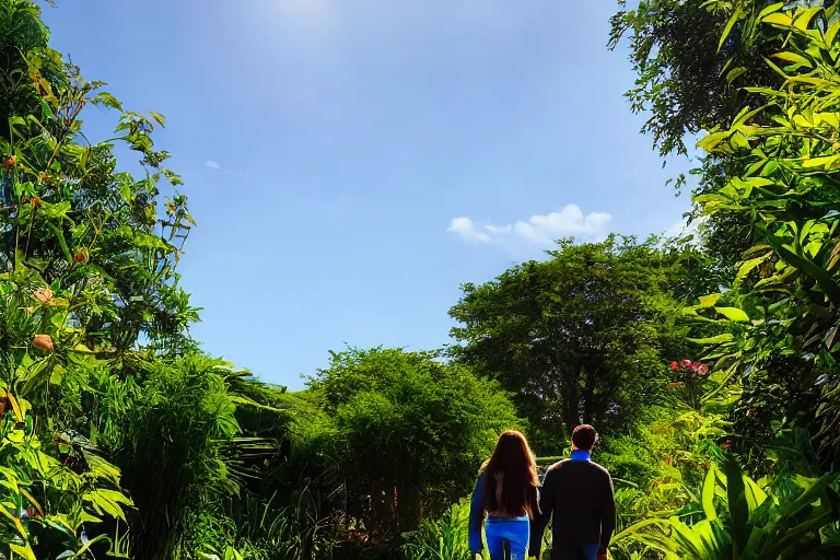 Image similar to a cinematic wideangle photograph of a man and woman walking through a walkway, green plants, blue sky, beautiful lighting, ultra realistic