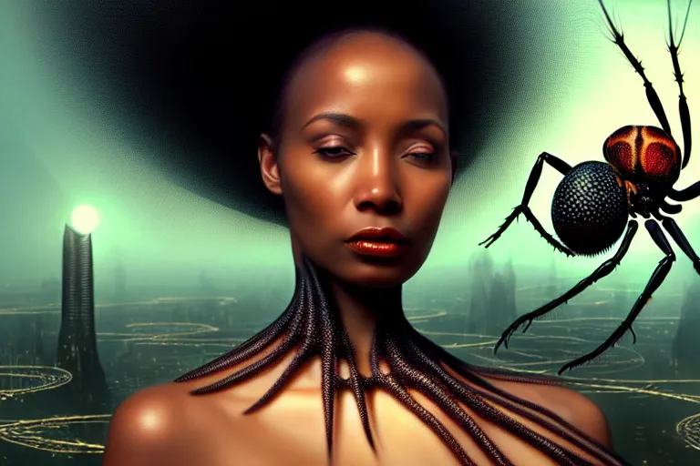 Image similar to realistic detailed photorealistic film closeup portrait shot of a beautiful black woman with a giant spider, sci fi city landscape background by denis villeneuve, amano, yves tanguy, alphonse mucha, ernst haeckel, david lynch, edward robert hughes, roger dean, cyber necklace, dynamic pose, rich moody colours, wide angle