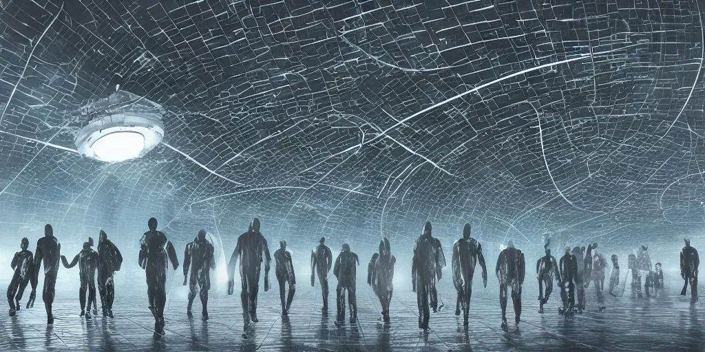 Prompt: sci - fi alien squad in wet cloaks, infiltrating on the ceiling of the mega - structure facility at midnight storm, lightning, digital art