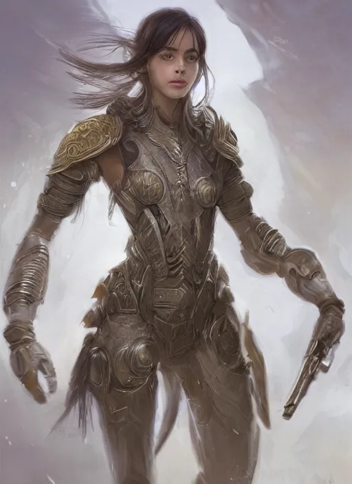 Image similar to a professional portrait of a beautiful young female, clothed in ethereal battle armor, olive skin, long dark hair, beautiful bone structure, symmetrical facial features, intricate, elegant, digital painting, concept art, smooth, sharp focus, finely detailed, illustration, from Valerian and the City of a Thousand Planets, in the style of Ruan Jia and Mandy Jurgens and Artgerm and Greg Rutkowski and William-Adolphe Bouguerea