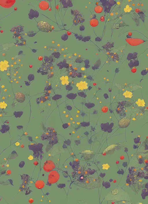 Image similar to garden flowers pattern, berries, dragonflies | illustrated by satoshi kon and greg rutkowski, 7 0's vintage sci - fi flat surreal design