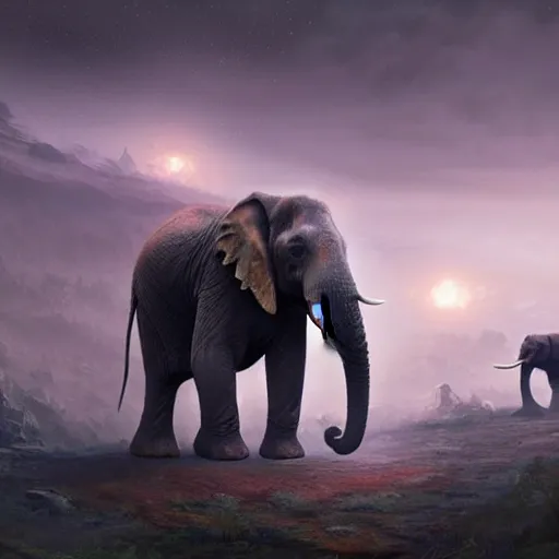 Prompt: world of elephants as the smartest creatures of the universe, galaxies, magical world, by greg rutkowski, sung choi, photo realistic, 8 k, cinematic lighting, hd, atmospheric, hyperdetailed, trending on artstation, devainart, digital painting, glow effect