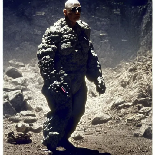 Prompt: cinematic, 4 k, full body portrait, rock golem as a soldier smoking a cigarette, still from the movie universal soldier