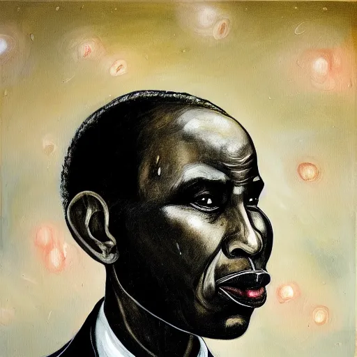 Image similar to a painting of a fatherly wide forehead, round face, XXL , loving, caring, generous, ever-present, humble, wise elder from Kenya in a suit by Wangechi Mutu . Fatherly/daddy, focused, loving, leader, relaxed,. ethereal lights, details, smooth, sharp focus, illustration, realistic, cinematic, artstation, award winning, rgb , unreal engine, octane render, cinematic light, macro, depth of field, blur, red light and clouds from the back, highly detailed epic cinematic concept art CG render made in Maya, Blender and Photoshop, octane render, excellent composition, dynamic dramatic cinematic lighting, aesthetic, very inspirational, arthouse.