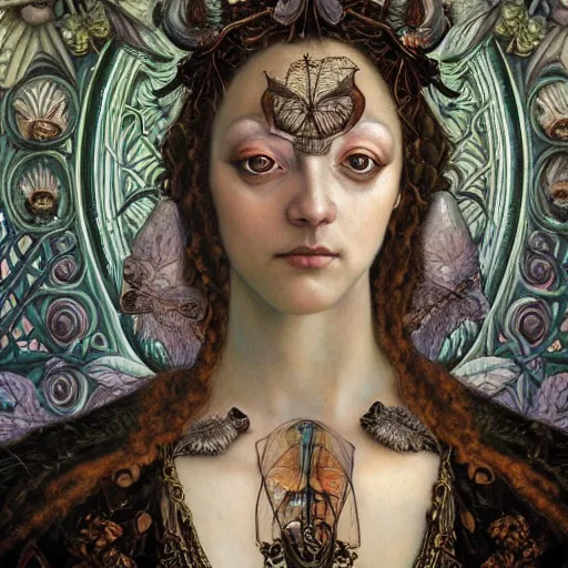 Prompt: a baroque neoclassicist close - up renaissance portrait of a beautiful forest witch queen with glowing eyes, moth wings with geometric patterns, reflective detailed textures, baroque dark fantasy science fiction painting by diego rivera and donato giancola and jean delville and tom bagshaw, goth, iridescent beetles, dramatic lighting, gleaming silver and muted colors, artstation, octane render