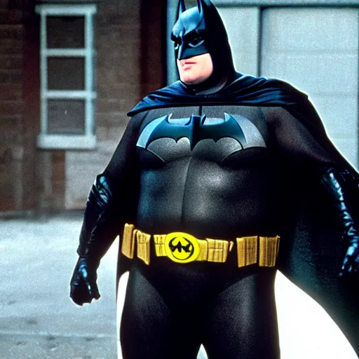 Prompt: chris farley as batman, tim burton batman movie, movie still