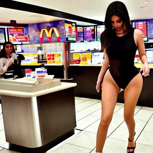 Image similar to kylie kardashian doing the moonwalk in front of the counter at mcdonalds, uhd, 8k, award winning photography, trending, beautiful, happy,