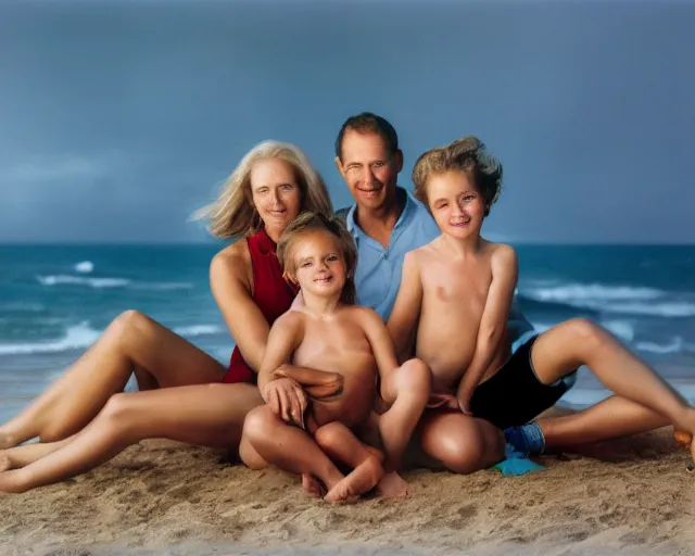 Prompt: portrait of a happy family at the beach, outdoor lighting, realistic, smooth face, perfect eyes, wide angle, sharp focus, high quality, professional photography, photo by annie leibovitz, mark mann