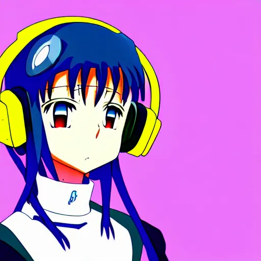 Image similar to An anime character's head wearing retro headphones. 90s anime, Sailor Moon, Neon Genesis, official art, flat cell shading, fantastic screenshot art, trending on artstation, muted nostalgic colors