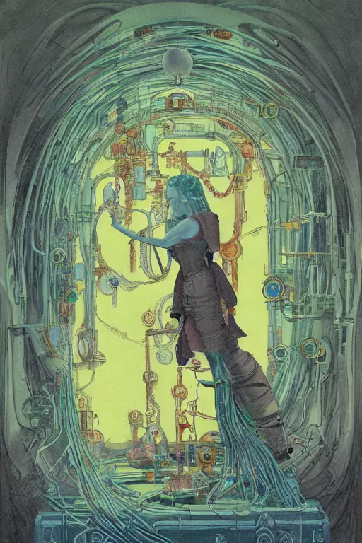 Image similar to realistic portrait of an engineer woman fixing the samsara holy cluster, fine portrait, concept art, stunning, visionary, in the style of ttrpg book illustrations, in the style of brecht evens, in the style of jean delville