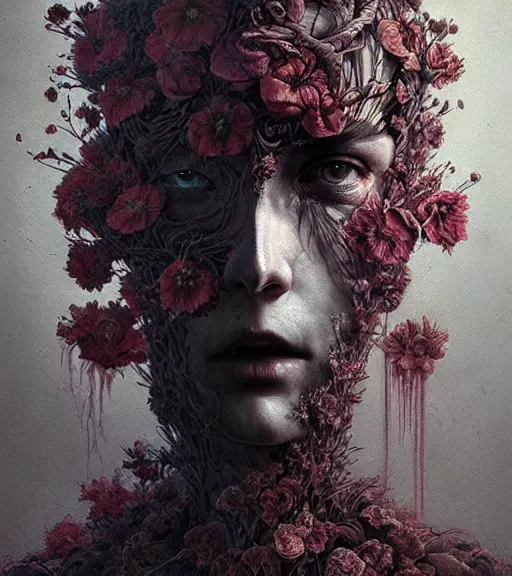 Image similar to portrait, beautiful madness, flowers by wayne barlowe, eric lacombe, henrik aa. uldalen, toru kamei, artgerm and greg rutkowski, itsuko azuma, soft textur, hyper realistic, extremely detailed mysterious, aesthetic!!! hyper detailed