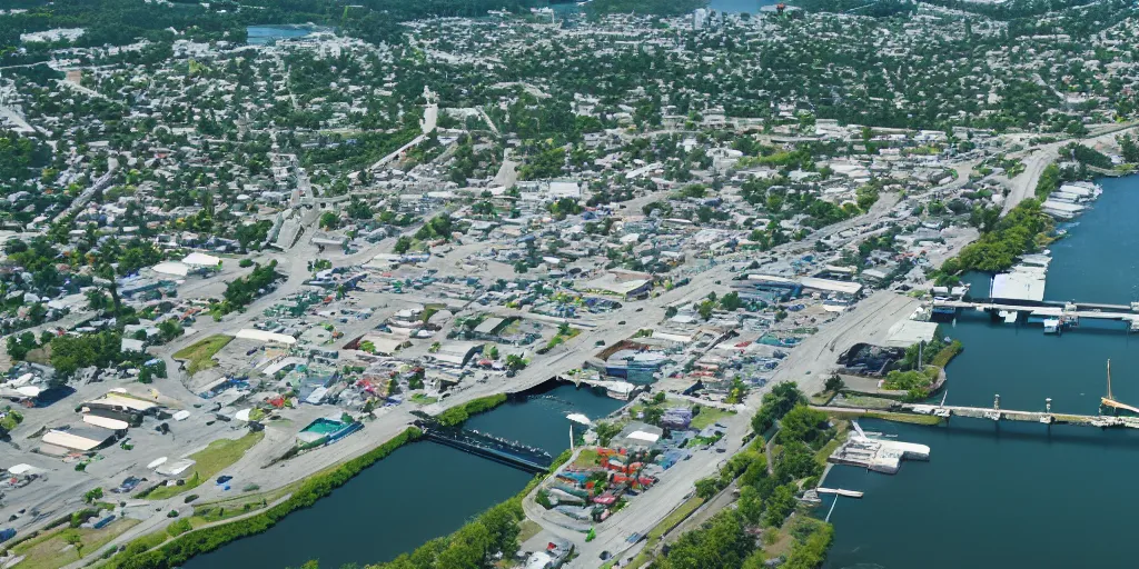 Image similar to bird's eye view of a city, trailer park, a road, bridge, and lagoon with docking area.