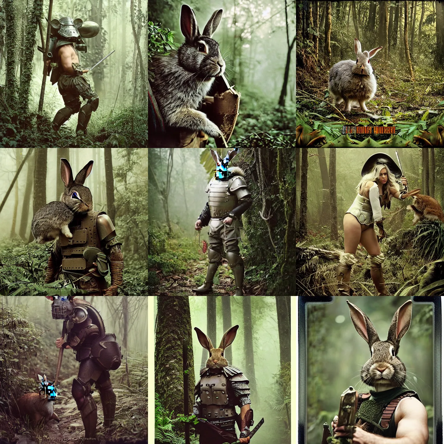 Prompt: full shot!!!!! rabbit in swat armor armored hulked oversized barbarian rugged rabbit!!!, fog, in deep jungle forest jungle, overcast!!! cinematic focus, polaroid photo, vintage, neutral colors, soft lights, overcast, foggy, full shot by steve hanks, by serov valentin, by lisa yuskavage, by andrei tarkovsky